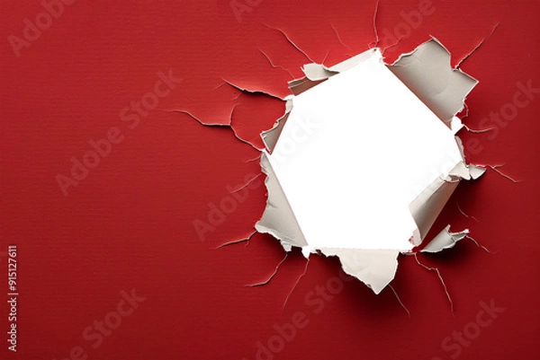 Fototapeta ripped transparent hole in red paper copy space for text, torn hole