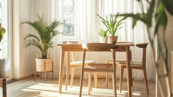 Fototapeta Dining room with wooden table, chairs, and plant