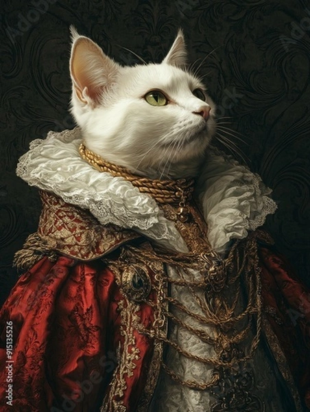 Fototapeta A white cat with piercing green eyes, adorned with a gold collar and a lavish red and gold robe, sits legally against a dark background. It appears to be a playful portrait, likely a digital artwork.
