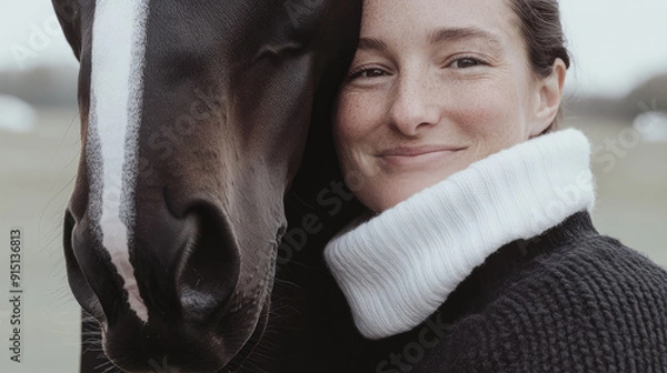 Fototapeta A woman in a cozy black sweater smiles widely as she poses with her horse, embracing the warm connection between human and animal on a serene fall day.