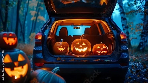 Fototapeta Utilizing a halloween party in the car trunk an emerging effort respecting tradition