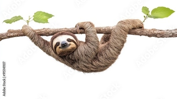Fototapeta Adorable sloth hanging from tree branch in cute front-facing shot - wildlife photography.