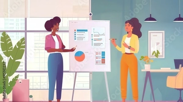 Obraz Two Businesswomen Discussing Data on a Whiteboard