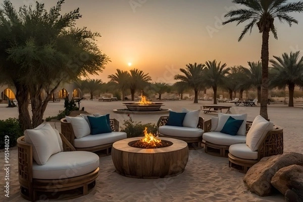 Fototapeta Luxurious desert oasis with stunning sunsets, cozy fire pits, and comfy seating for relaxation