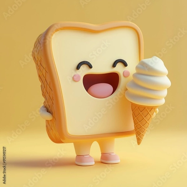 Fototapeta a slice of bread as a cute character. The bread has big eyes and a wide smile, and it's holding a delicious-looking ice cream cone. The background is a cheerful yellow color.