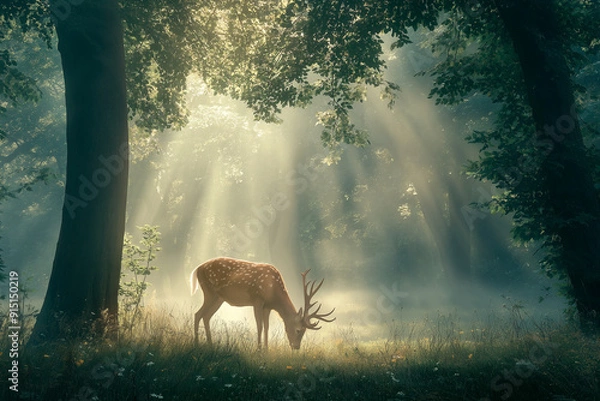 Fototapeta a deer is grazing in a foggy forest