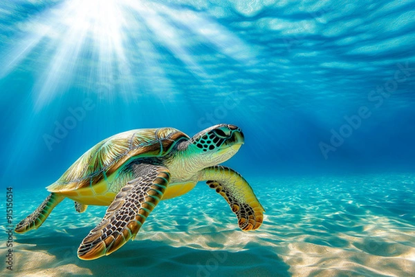 Fototapeta green sea turtle underwater with yellow sand on the bottom