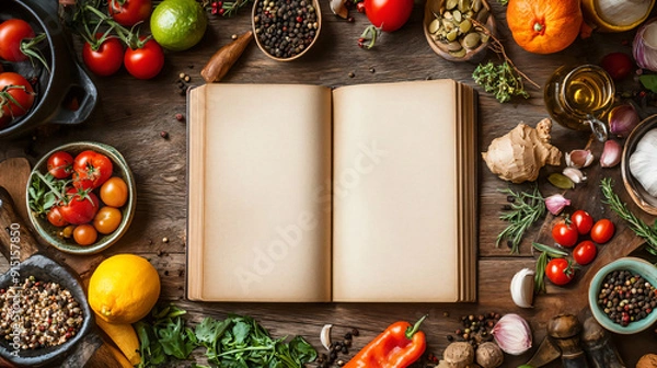 Fototapeta an open recipe book lying on a wooden table surrounded by healthy food