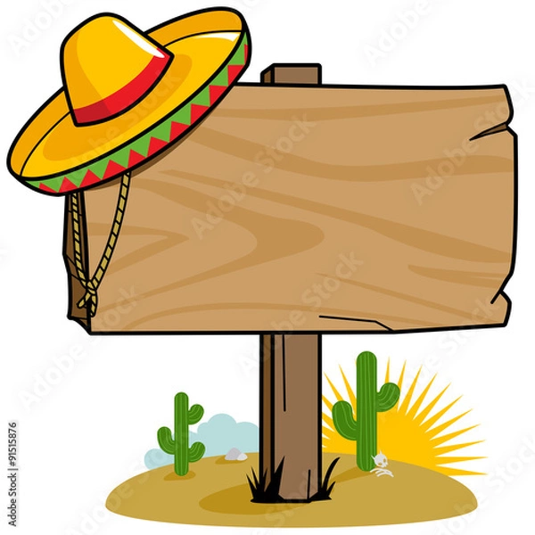 Fototapeta Wooden signpost in the Mexican desert with cactus and a sombrero. Vector illustration