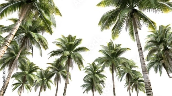 Fototapeta Large tropical palm trees, white background, png, Ai generated for ads