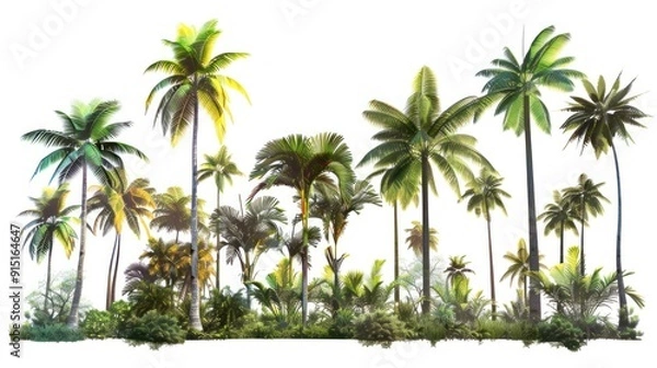 Fototapeta Large tropical palm trees, white background, png, Ai generated for ads