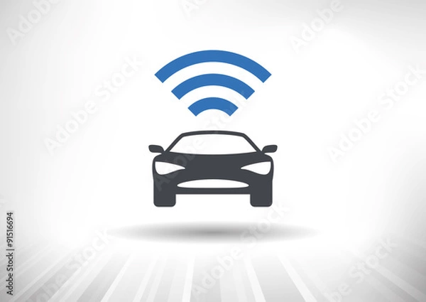 Fototapeta The Connected Car. Smart car icon with wireless connectivity symbol. Front view. 