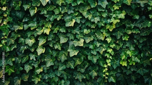 Fototapeta A close-up photo of a wall completely covered in a thick layer of green ivy leaves, creating a vibrant and textured background. The leaves are densely packed together, showcasing a range of green shad