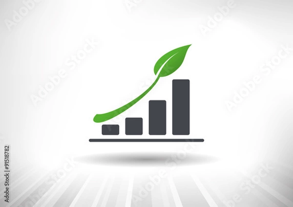 Fototapeta Sustainable Green Growth Icon. Concept showing rising bar chart with green leaf as arrow. Background and graph layered for easy customization. Fully scalable vector illustration.