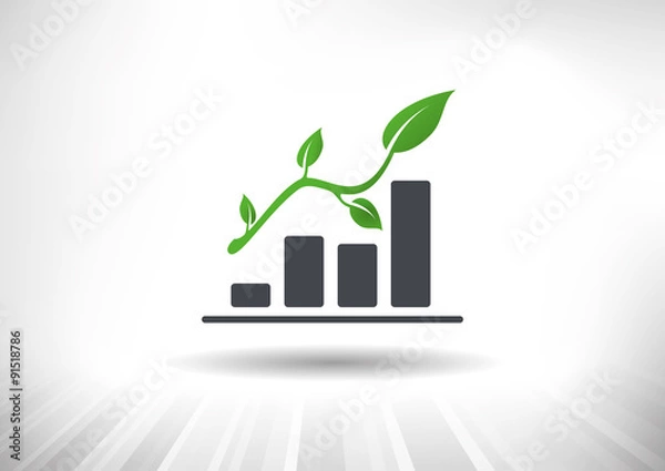 Fototapeta Sustainable Green Growth Icon. Concept showing rising bar chart with green twig with leaves as arrow. Background and graph layered for easy customization. Fully scalable vector illustration.