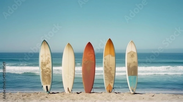 Fototapeta Five surfboards standing in a row on a sunny beach, with the ocean's gentle waves and blue sky providing a perfect backdrop for a day of surfing.