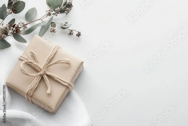 Fototapeta Minimalistic wrapped gift box with a natural twine accent and eucalyptus branches on a white background. Ideal for celebrations and special occasions.