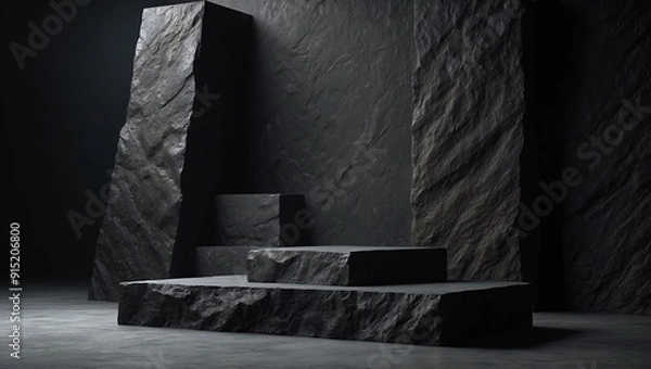 Fototapeta Dark stone platform with textured background lighting.