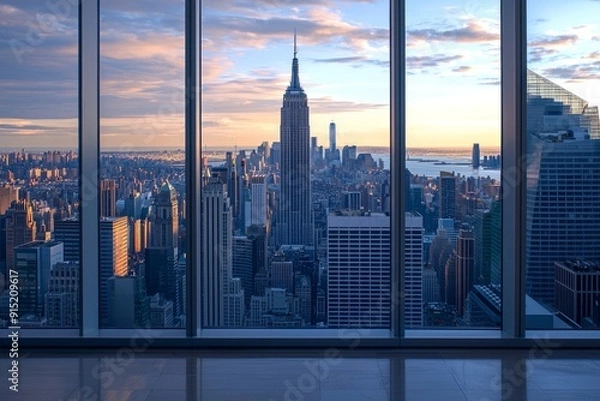 Fototapeta A window in a modern skyscraper office, with a bustling financial district below. 