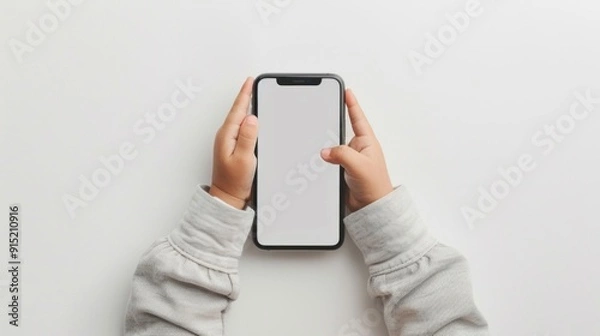 Fototapeta minimal mockup, latina child's hands holding a large iphone, mockup, AI Generative