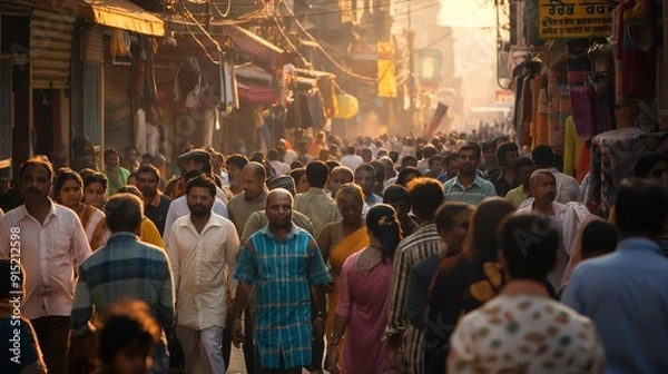 Fototapeta Busy Indian Street Market with Crowds of People During Evening Rush Hour