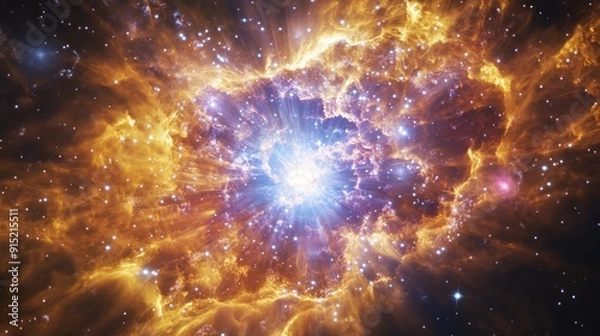 Fototapeta A giant nebula of the surface dust and gas that is glowing in blue, orange, purple colors resembling an exploding sta