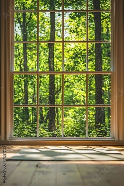 Fototapeta A window in a tranquil yoga studio, offering a view of a serene forest. 