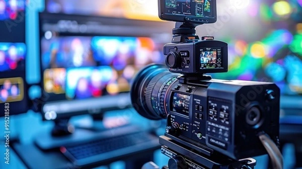Fototapeta A high-tech camera setup records video in a dynamic studio, showcasing various live feeds on multiple computer monitors in the background