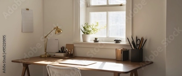 Fototapeta A bright and organized home office workspace featuring a desk, lamp, and plants, perfect for productivity and creativity