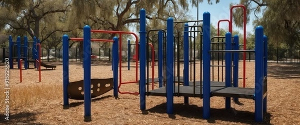Fototapeta A vibrant playground with colorful equipment, perfect for outdoor activities and children's play
