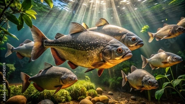 Fototapeta Large tambaqui fish swim in murky waters of the Amazon river, its silver scales catching faint sunlight filtering through the dense rainforest canopy above.