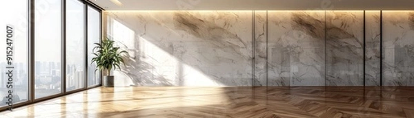 Fototapeta Modern Minimalist Interior with Marble Walls and Panoramic City View in Sunlit Room