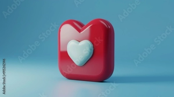 Fototapeta A 3D red heart icon with a smaller white heart in the center, set against a blue background, representing love and connection.