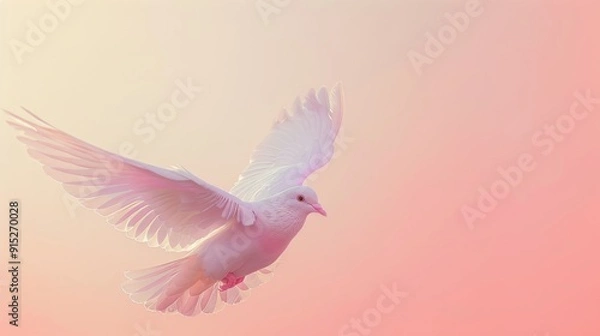 Fototapeta A white dove soars gracefully against a backdrop of soft pink sky at twilight, symbolizing peace and hope in a serene and ethereal moment.