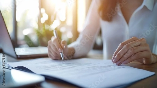 Obraz a woman signing a document on a laptop