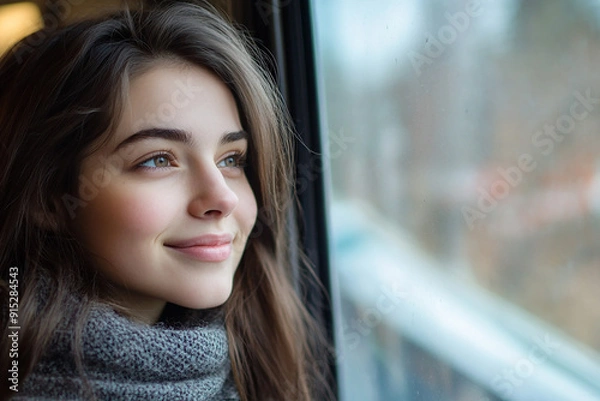 Fototapeta Smiling young woman thinking about her project ideas while looking out the window on her way to work