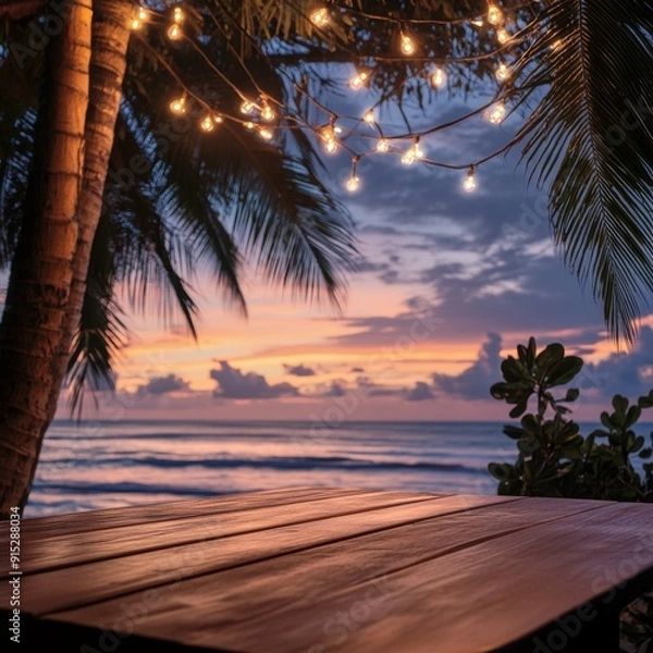 Obraz Sunset Serenity at the Beach with String Lights and Palm Trees, Wooden Table Foreground, Evoking a Tranquil and Romantic Tropical Evening