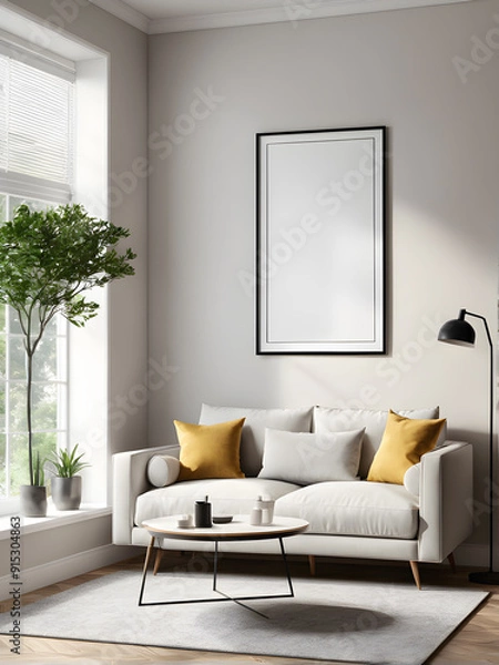 Fototapeta Interior of modern living room with white sofa, coffee table and mock up poster. 