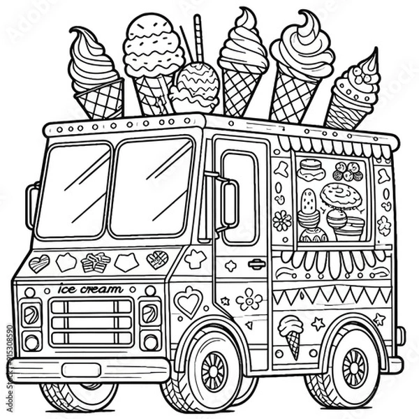 Obraz Ice cream truck with colorful designs coloring page outline vector