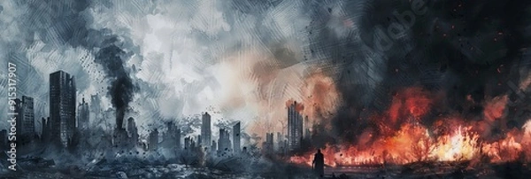 Fototapeta Nuclear war the end of the world apocalyptic doomsday watercolor paints art background