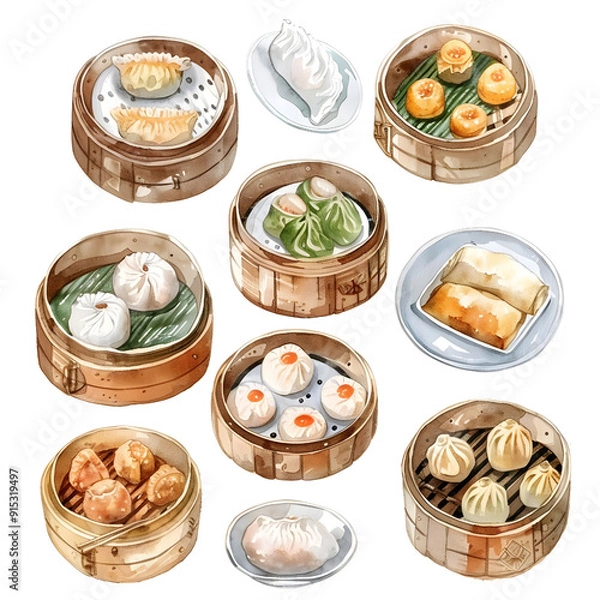 Fototapeta Dim sum : Small Chinese dishes that come in a variety of forms, such as dumplings, buns, and siu mai, isolate on white background, watercolor illustration.