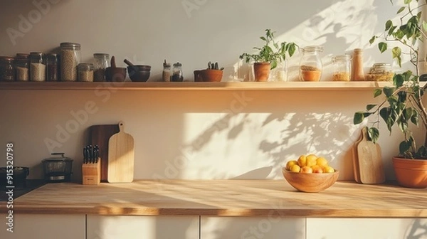 Fototapeta A minimalist yet cozy kitchen with open shelving, a wooden counter, and a bowl of fresh fruit. The space is clean, bright, and welcoming.