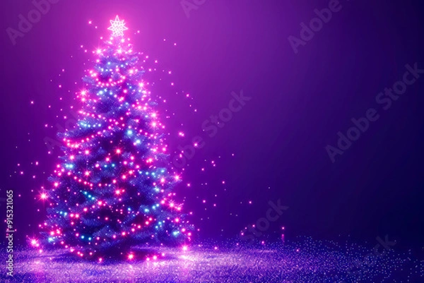 Fototapeta A colorful Christmas tree with lights is lit up in the dark