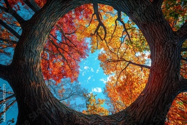 Fototapeta A tree with a hole in it and leaves on it