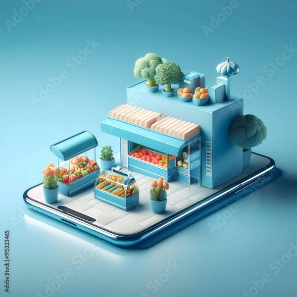 Obraz 하늘색 디오라마 식료품 점 스마트 폰 비례