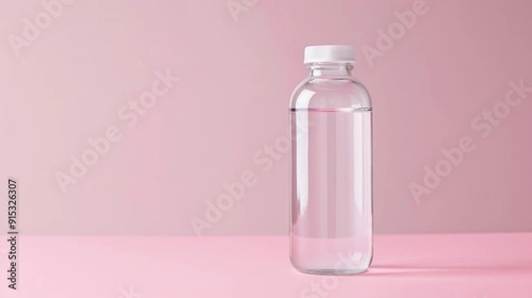Fototapeta Minimalistic Clear Medicine Bottle with White Cap on Pastel Pink Background, Elegant and Clean Design