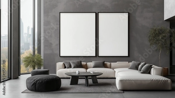Fototapeta A sofa and a blank banner hanging on the wall define this modern minimalist living room.