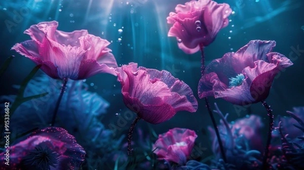 Fototapeta Surreal underwater scene featuring pink flowers illuminated by soft light in an ethereal atmosphere, creating a dreamy and magical environment.