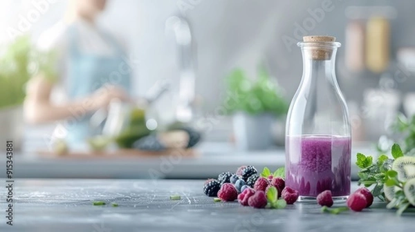 Fototapeta A carafe of acai berry juice on a contemporary counter, surrounded by acai berries, creating a fresh and appealing health-focused setup.