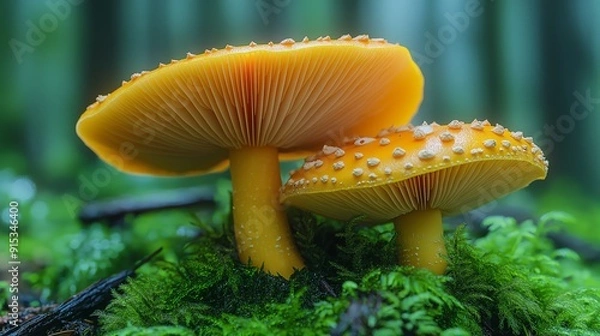 Fototapeta Two Yellow Mushrooms Growing on Moss in a Forest, Close-Up of Fungi with Dew Drops in a Lush Natural Setting